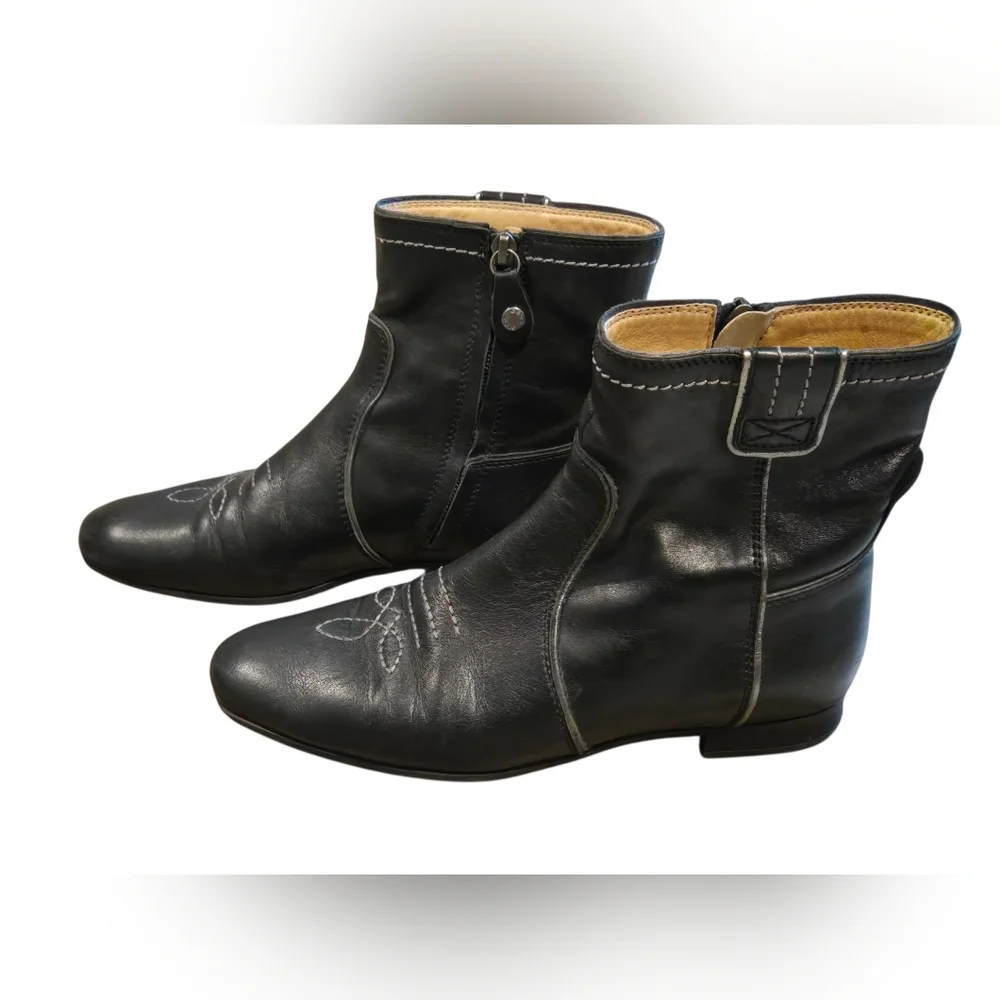 GEOX Respira Waterproof Black Leather Ankle Boots Silver Trim Sz 7 (37.5 EU)
